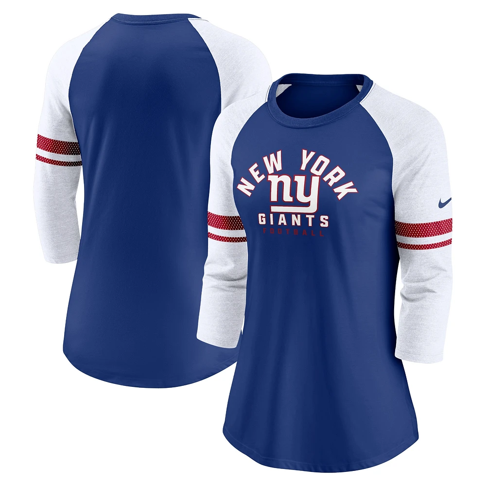 T-shirt raglan à manches 3/4 pour femme Nike Royal New York Giants Fashion