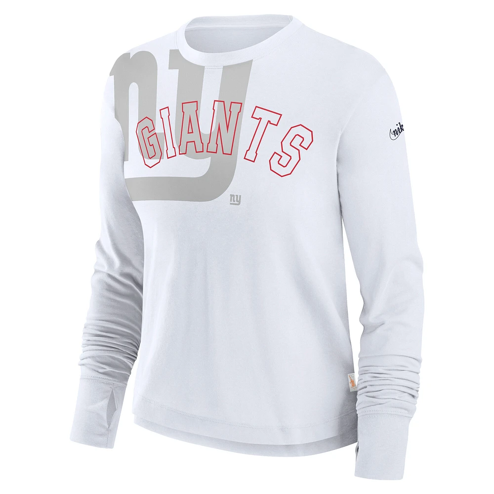 Women's Nike White New York Giants Layered Logo Cropped Long Sleeve Fashion T-Shirt