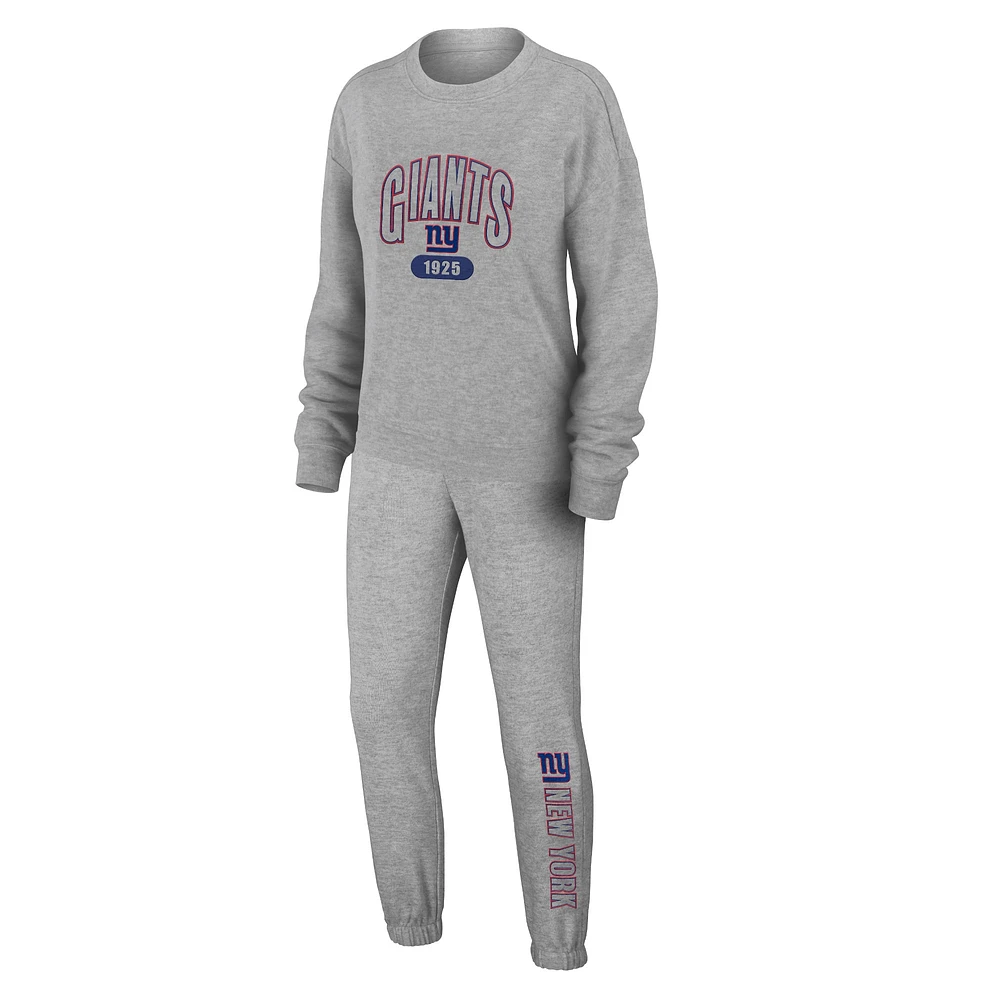 Women's WEAR by Erin Andrews  Heather Gray New York Giants Plus Knitted Tri-Blend Long Sleeve T-Shirt & Pants Lounge Set