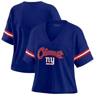 Women's WEAR by Erin Andrews Navy New York Giants Color Block Boxy V-Neck T-Shirt