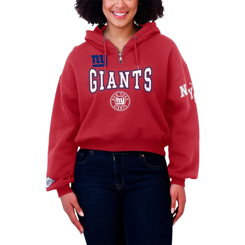 Women's WEAR by Erin Andrews Red New York Giants Patch Quarter-Zip Pullover Hoodie