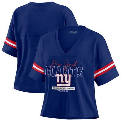 Women's WEAR by Erin Andrews Royal New York Giants Color Block Boxy Modest Crop V-Neck T-Shirt