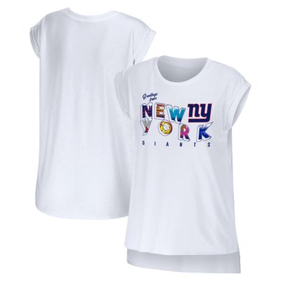 Women's WEAR by Erin Andrews White New York Giants Greetings From Muscle T-Shirt