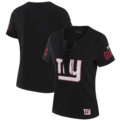 Women's WEAR by Erin Andrews x Gracie Hunt Black New York Giants Draft Me Lace-Up T-Shirt