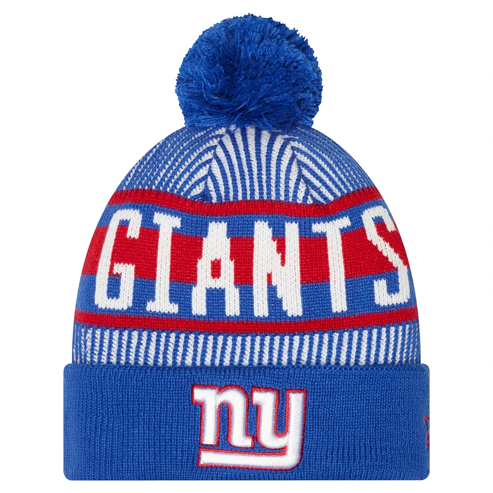 Bonnet en tricot à revers rayé Royal New York Giants New Era pour jeune avec pompon