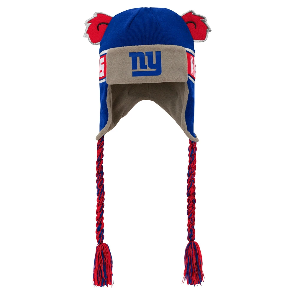 Bonnet en tricot pour jeunes Royal New York Giants avec oreilles de soldat et inscription Wordmark