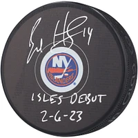 Rondelle de hockey autographiée par Bo Horvat des Islanders de New York avec l'inscription « Isles Debut 2-6-23 »