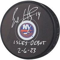 Rondelle de hockey autographiée par Bo Horvat des Islanders de New York avec l'inscription « Isles Debut 2-6-23 »