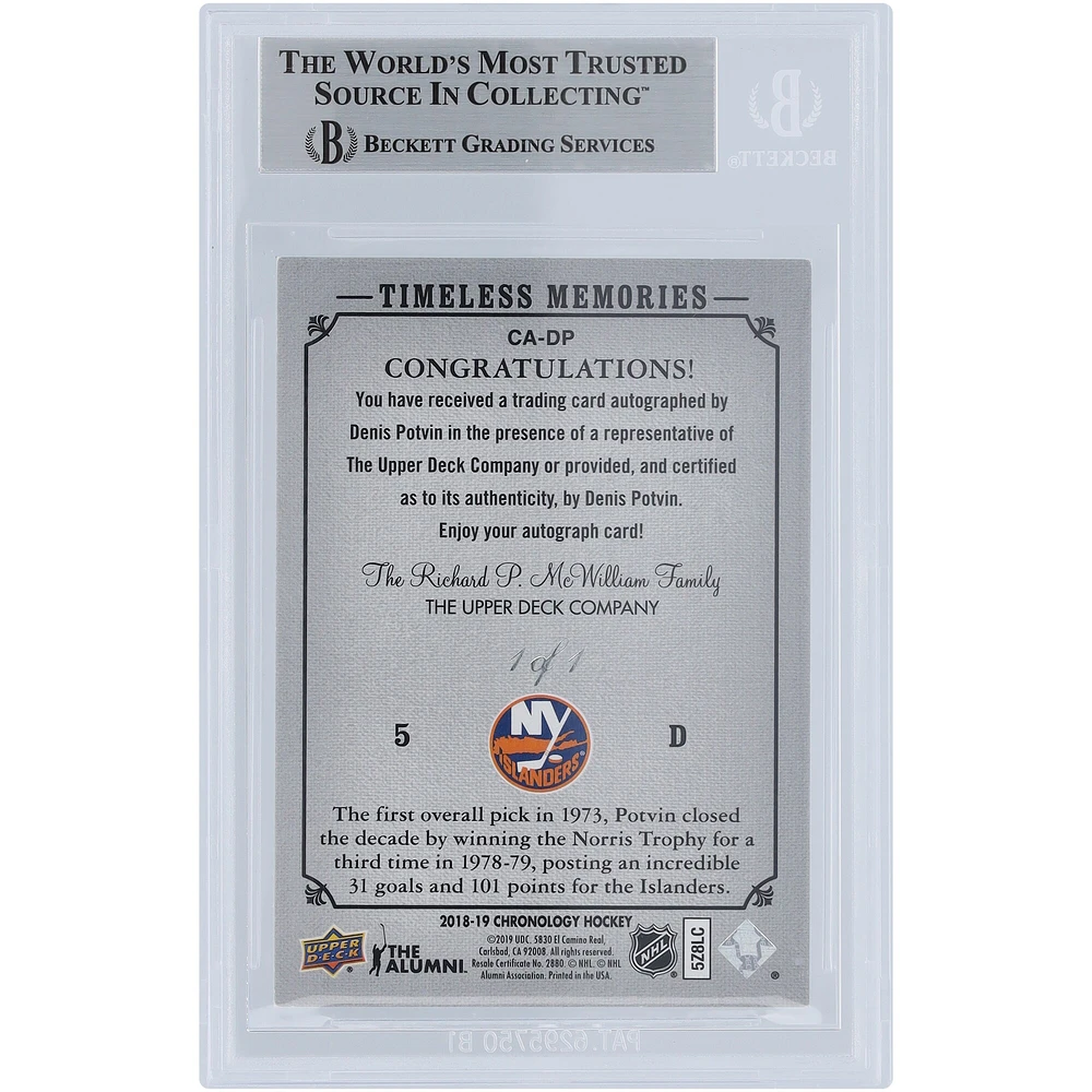 Denis Potvin New York Islanders Carte chronologique Upper Deck autographiée 2018-19 sur toile noire #CA-DP #1/1 BGS authentifiée 8,5 - Sous-grades 9,5, 8, 9,5, 8,5