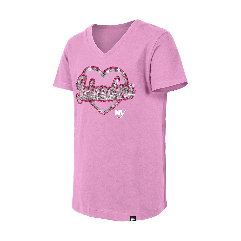 Girl's Youth New Era  Pink York Islanders Flip Sequin V-Neck T-Shirt