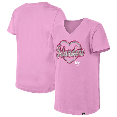 Girl's Youth New Era  Pink York Islanders Flip Sequin V-Neck T-Shirt