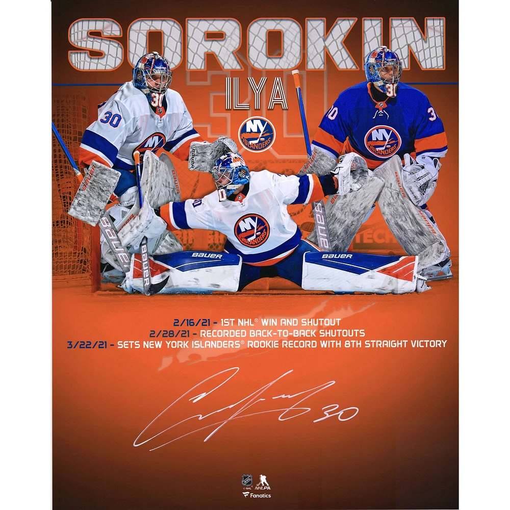 Photographie stylisée autographiée de 16" x 20" d'Ilya Sorokin des Islanders de New York lors d'une séquence de victoires