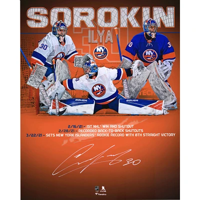 Photographie stylisée autographiée de 16" x 20" d'Ilya Sorokin des Islanders de New York lors d'une séquence de victoires