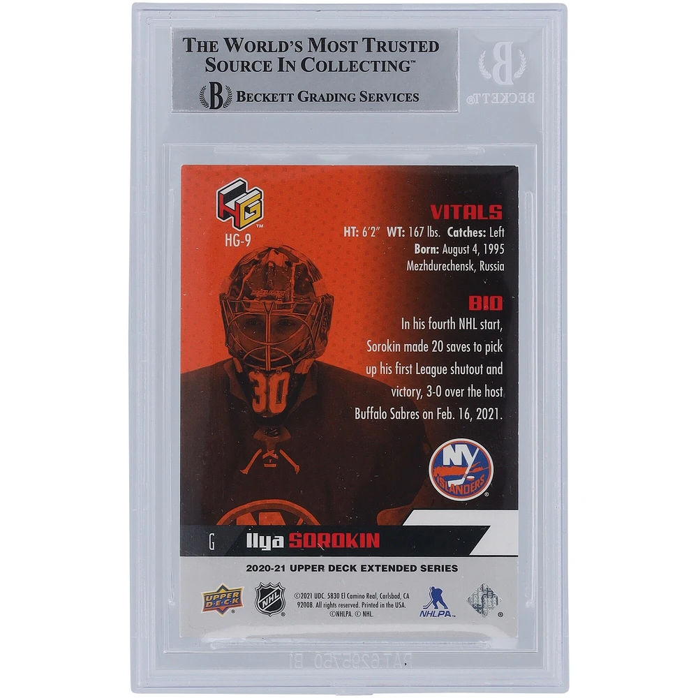 Carte de recrue authentifiée dédicacée par Ilya Sorokin des Islanders de New York 2020-21 Upper Deck Extended Series HoloGrFX #HG-9 Beckett Fanatics
