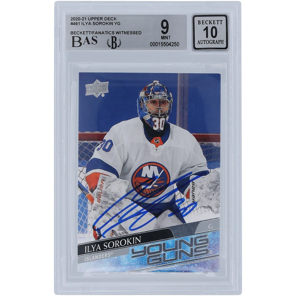 Carte de recrue 9/10 autographiée par Ilya Sorokin des Islanders de New York, Upper Deck Series 2 Young Guns #461 Beckett Fanatics, témoin