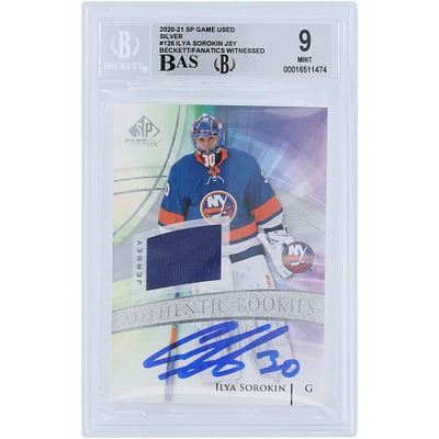 Carte recrue 9/10 authentifiée 9/10 signée Ilya Sorokin des New York Islanders, Upper Deck SP 2020-21, utilisée en jeu, Silver Parallel Relic #126, Beckett Fanatics