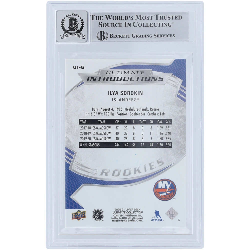 Carte de recrue 10 authentifiée signée Ilya Sorokin des Islanders de New York, Upper Deck Ultimate Collection 2020-21, présentation #UI-6 Beckett Fanatics Witnessed