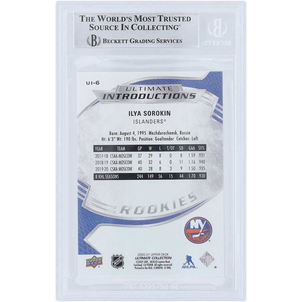 Carte de recrue authentifiée autographiée par Ilya Sorokin des Islanders de New York 2020-21 Upper Deck Ultimate Collection Introductions #UI-6 Beckett Fanatics Witnessed
