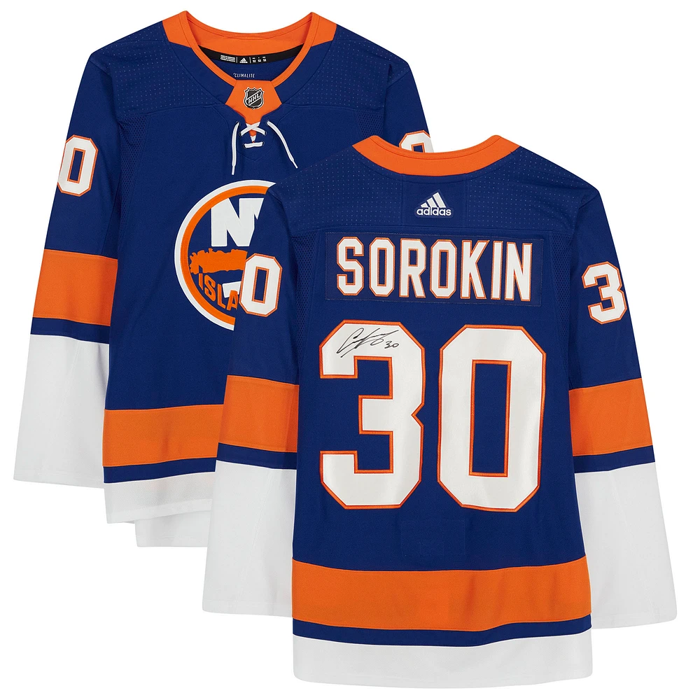 Maillot Adidas bleu authentique autographié par Ilya Sorokin des Islanders de New York