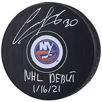 Rondelle de hockey autographiée par Ilya Sorokin des Islanders de New York avec l'inscription « NHL Debut 1/16/21 »