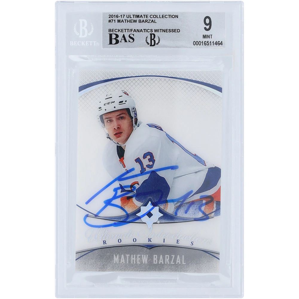 Carte de recrue 9/10 autographiée par Mathew Barzal des Islanders de New York, Upper Deck Ultimate Collection #71 Beckett Fanatics Witnessed 2016-17, authentifiée