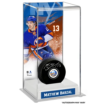 Mathew Barzal New York Islanders Autographed Puck with Deluxe Tall Hockey Puck Case