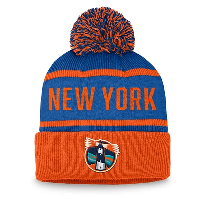 Bonnet en tricot à revers avec pompon pour homme Fanatics Royal/Orange New York Islanders Heritage