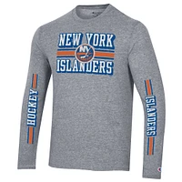 T-shirt à manches longues trois mélanges double bande Champion Heather Grey des Islanders de New York pour hommes