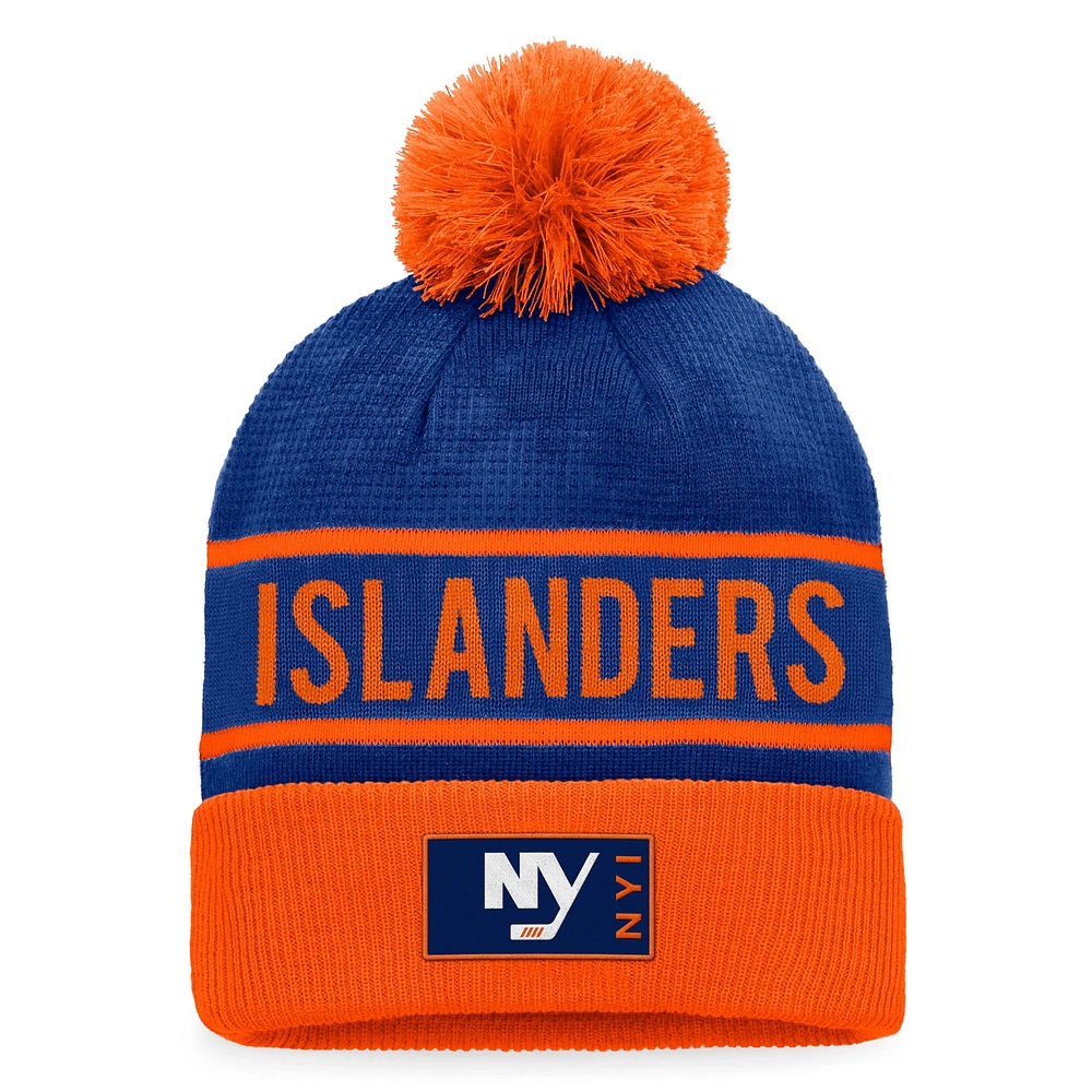 Bonnet en tricot à revers avec logo alternatif authentique Pro des Islanders de New York Fanatics bleu/orange pour hommes avec pompon