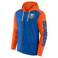 Men's Fanatics Heather Royal/Heather Orange New York Islanders Down and Distance Full-Zip Hoodie