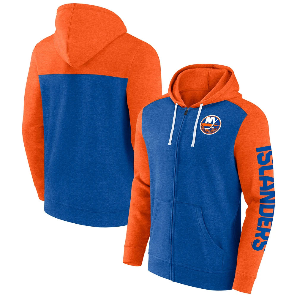 Men's Fanatics Heather Royal/Heather Orange New York Islanders Down and Distance Full-Zip Hoodie