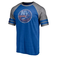 T-shirt à trois mélanges raglan deux bandes Fanatics Heather Royal New York Islanders pour hommes