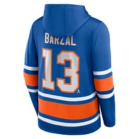 Chandail à capuchon lacets avec nom et numéro Fanatics Mathew Barzal Royal New York Islanders pour hommes