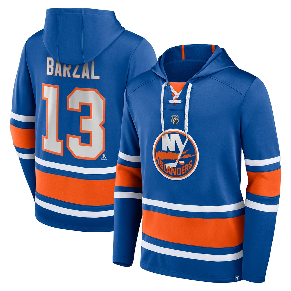 Chandail à capuchon lacets avec nom et numéro Fanatics Mathew Barzal Royal New York Islanders pour hommes