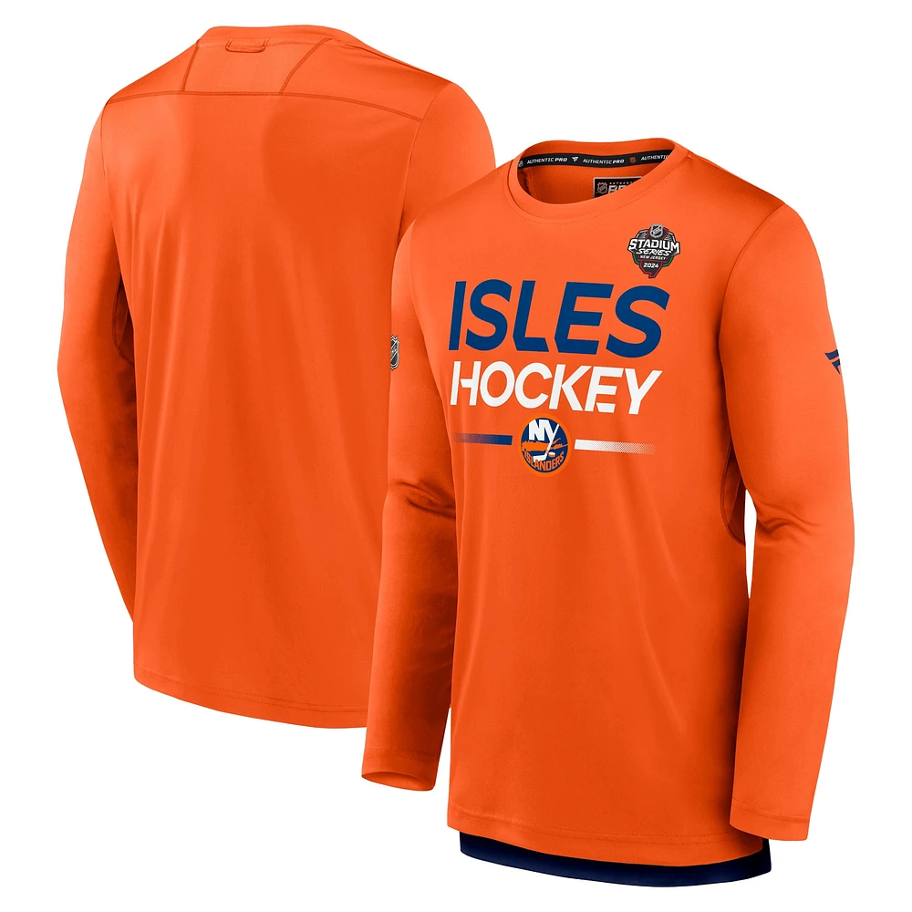 Men's Fanatics Orange New York Islanders 2024 NHL Stadium Series Authentic Pro Long Sleeve Tech T-Shirt