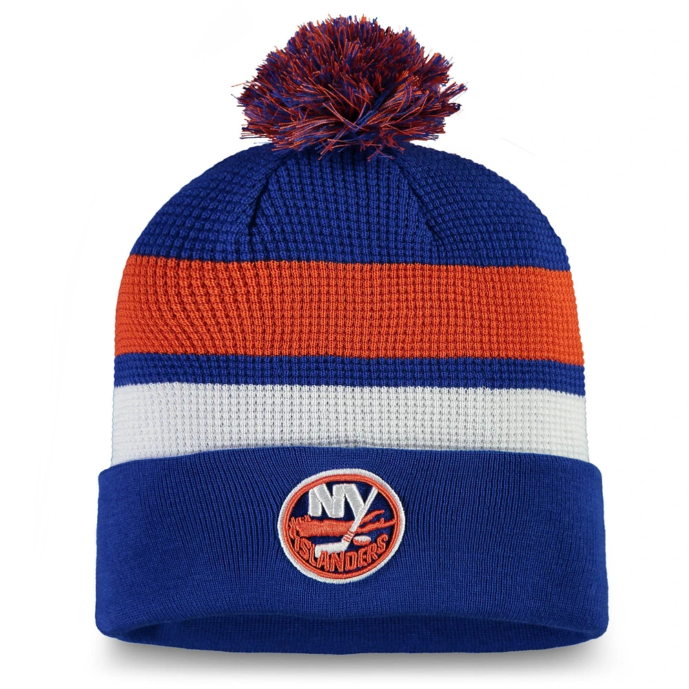 Bonnet en tricot à pompon à revers authentique Pro Fanatics Royal/Orange pour hommes des Islanders de New York 2020 NHL Draft