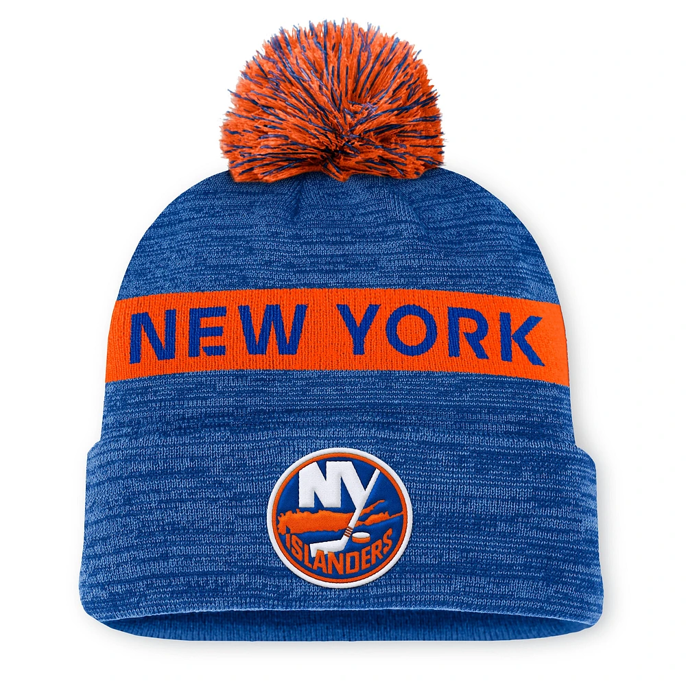 Bonnet en tricot à revers avec pompon authentique Pro Rink des New York Islanders de couleur royal/orange Fanatics pour homme