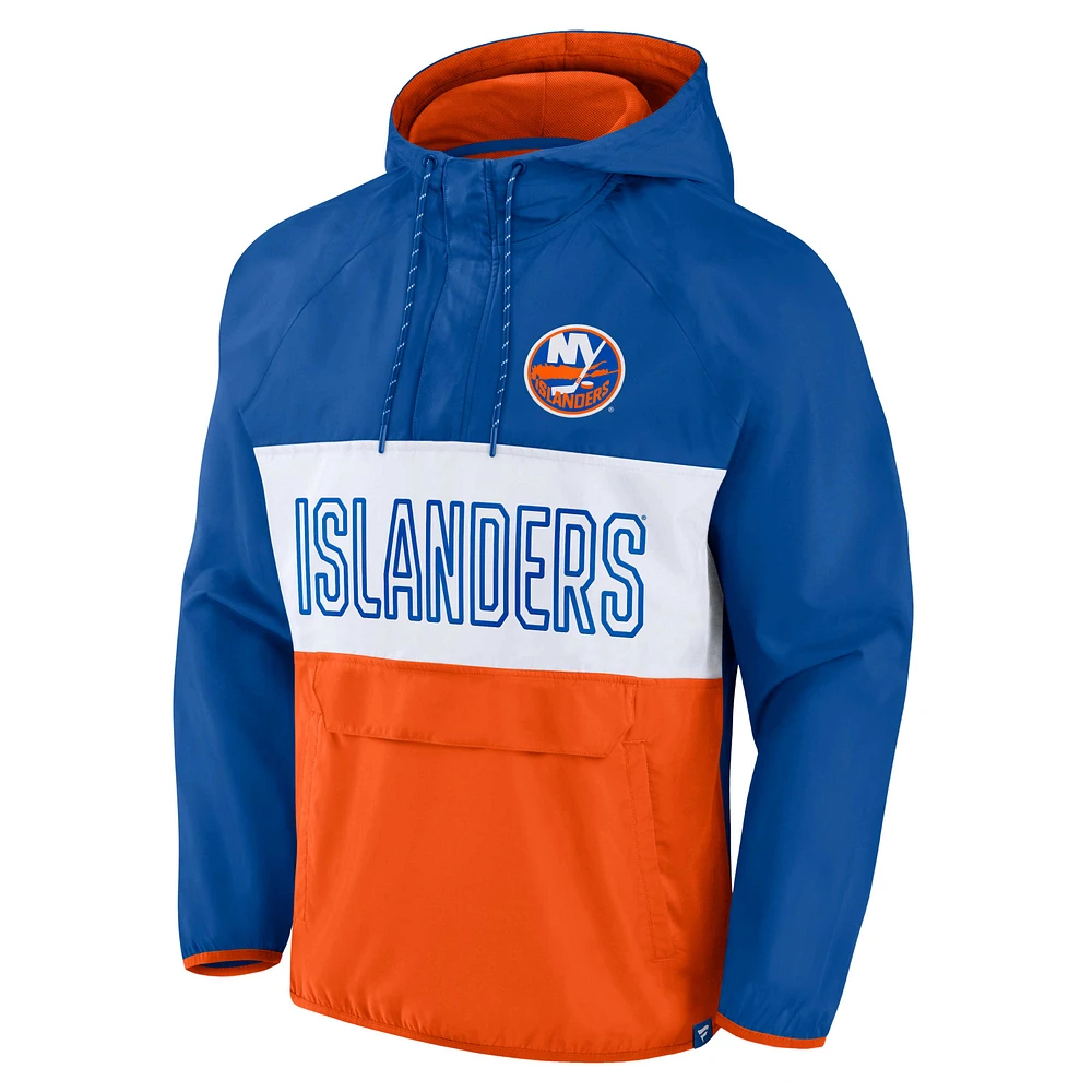 Fanatics pour hommes Royal/Orange New York Islanders Backhand Shooter Defender Anorak Raglan Hoodie Quarter-Zip Jacket