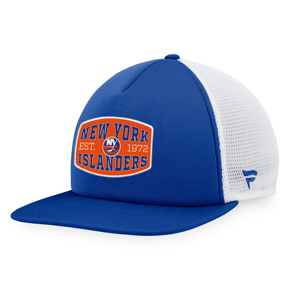 Casquette Snapback de camionneur en mousse avec patch sur le devant en mousse Royal/Blanc Fanatics pour hommes des Islanders de New York