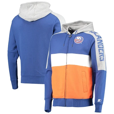 Men's Starter Royal/Orange New York Islanders Playoffs Color Block Full-Zip Hoodie