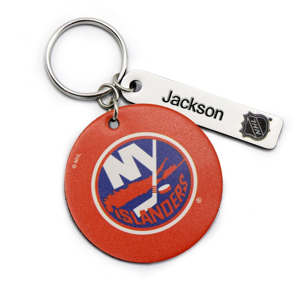 Orange New York Islanders Personalized Leather Round Keychain