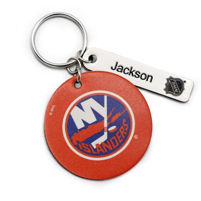 Orange New York Islanders Personalized Leather Round Keychain