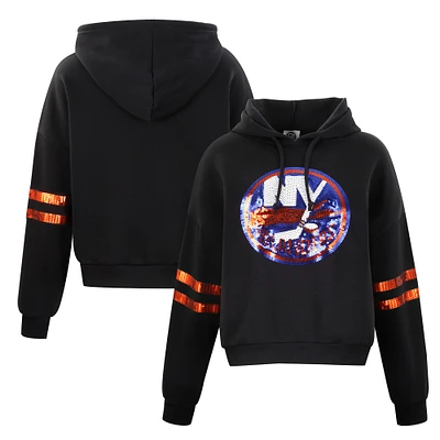 Women's Cuce Black New York Islanders Sequin Cropped Pullover Hoodie