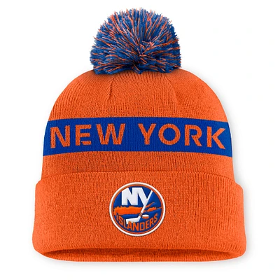 Bonnet en tricot à revers avec pompon authentique Pro Rink des New York Islanders orange/royal Fanatics pour femme