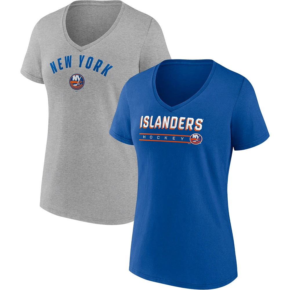 Ensemble de 2 t-shirts à col en V Fanatics Royal/Heathered Grey pour femmes des Islanders New York