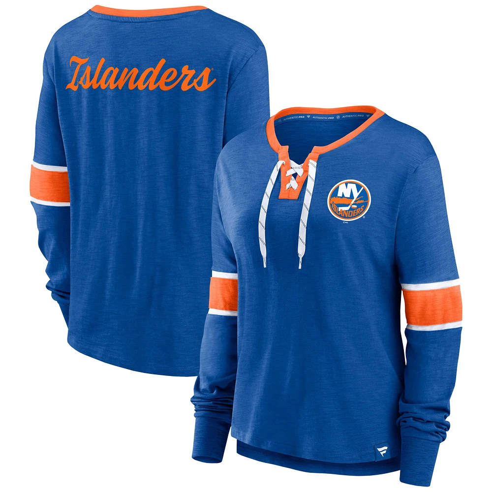 T-shirt effervescent exclusif à lacets manches longues pour femmes Fanatics Royal New York Islanders