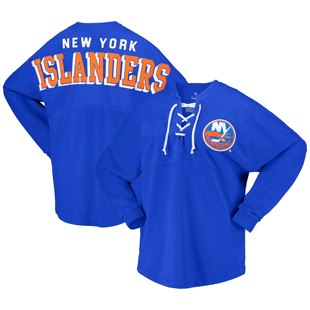 Women's Fanatics Royal New York Islanders Spirit Lace-Up V-Neck Long Sleeve Jersey T-Shirt