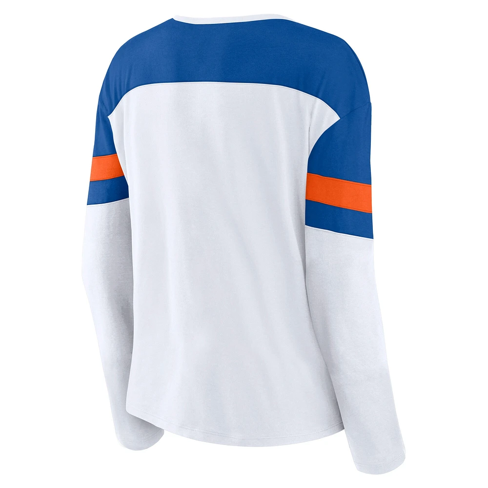 Women's Fanatics White/Royal New York Islanders Frozen Long Sleeve Notch Neck T-Shirt