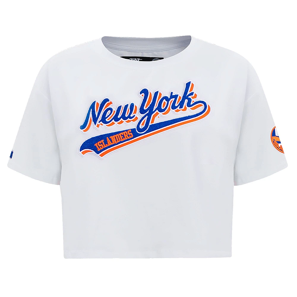 Women's Pro Standard White New York Islanders Boxy Script Tail Cropped T-Shirt