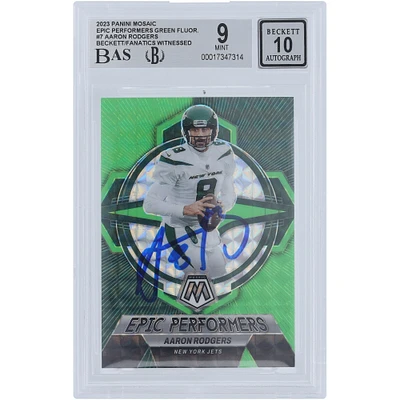Aaron Rodgers New York Jets Autographed 2023 Panini Mosaic Green Fluorescent Epic Performers Mosaic #EP-AR #10/10 Beckett Fanatics Witnessed Authenticated 9/10 Card